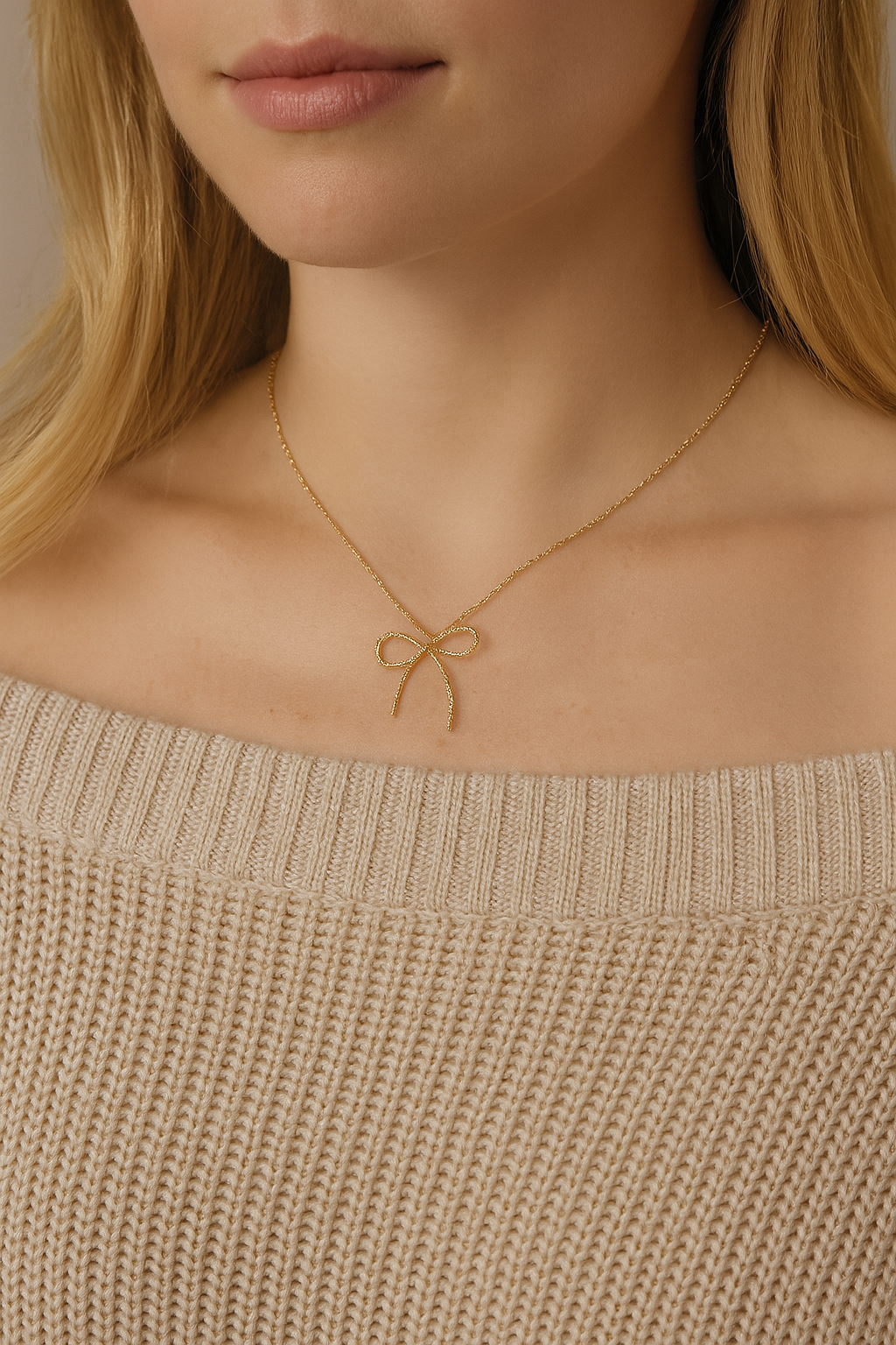 Gold bow necklace.