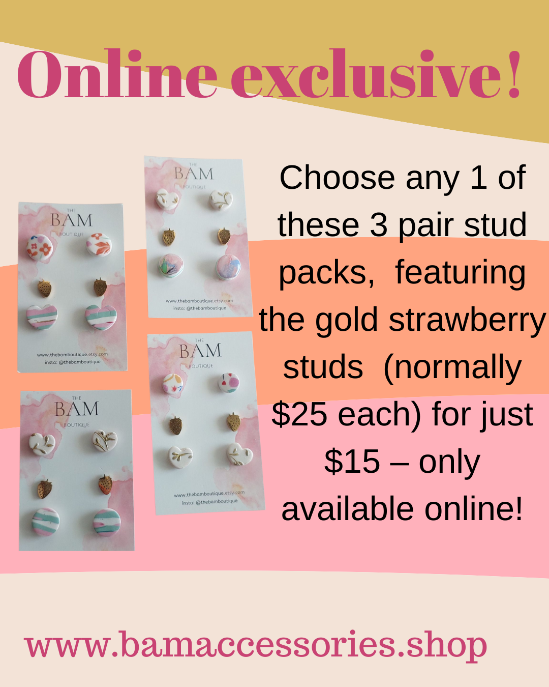 3 pair stud pack. online exclusive with gold strawberry stud.